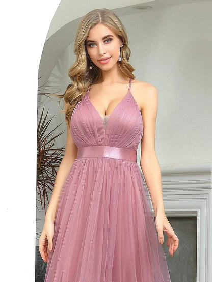 Aimishang Sexy Deep V-neck Backless Tulle Maxi Evening Dresses