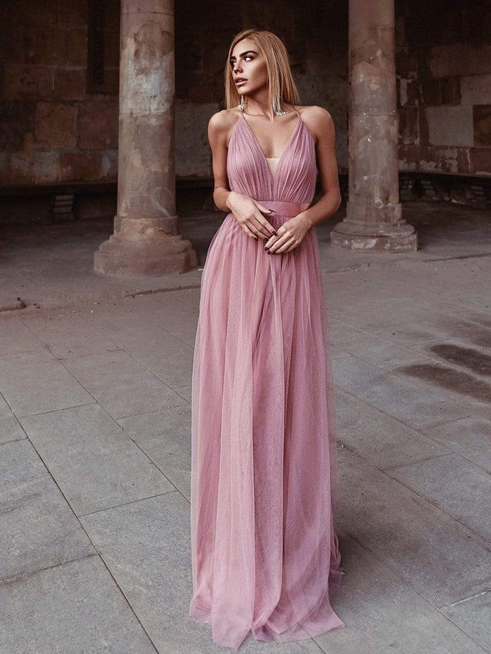 Aimishang Sexy Deep V-neck Backless Tulle Maxi Evening Dresses