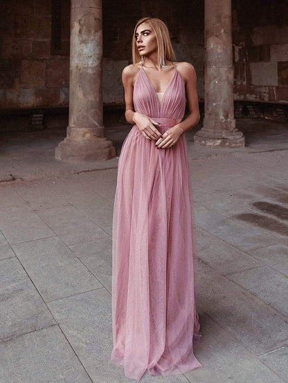 Aimishang Sexy Deep V-neck Backless Tulle Maxi Evening Dresses
