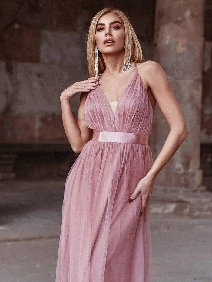 Aimishang Sexy Deep V-neck Backless Tulle Maxi Evening Dresses