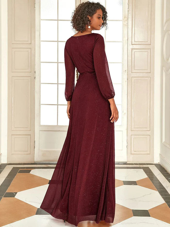 Aimishang Women's Sexy V-Neck Shiny Evening Dresses with Long Sleeve