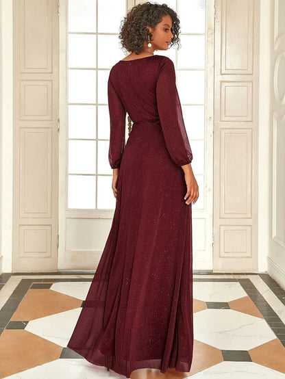Aimishang Women's Sexy V-Neck Shiny Evening Dresses with Long Sleeve