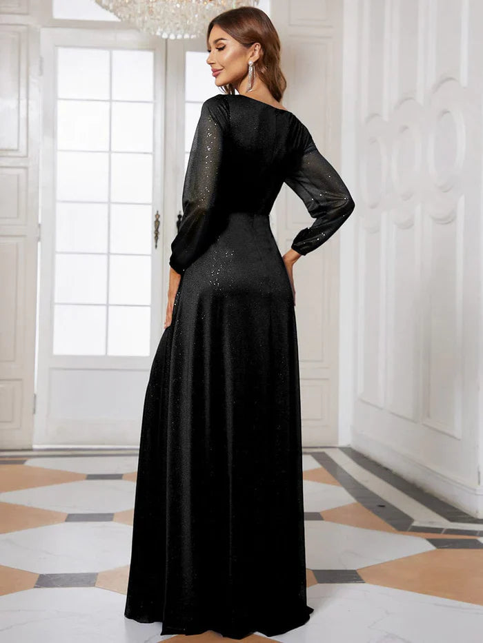 Aimishang Women's Sexy V-Neck Shiny Evening Dresses with Long Sleeve