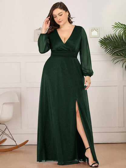 Aimishang Women's Sexy V-Neck Shiny Evening Dresses with Long Sleeve