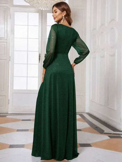 Aimishang Women's Sexy V-Neck Shiny Evening Dresses with Long Sleeve