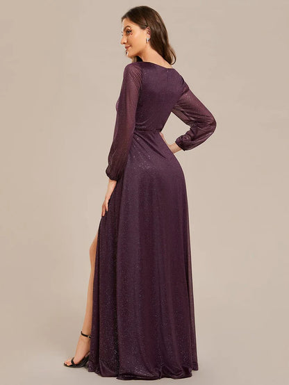 Aimishang Women's Sexy V-Neck Shiny Evening Dresses with Long Sleeve
