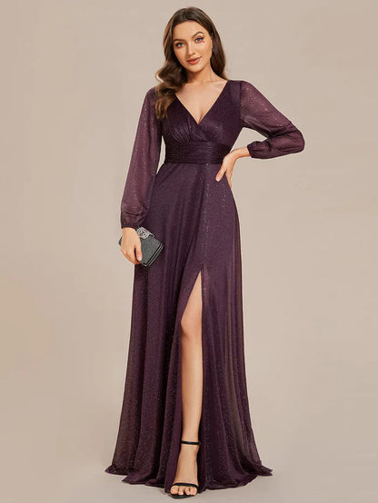 Aimishang Women's Sexy V-Neck Shiny Evening Dresses with Long Sleeve