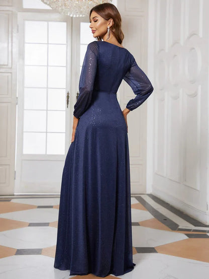 Aimishang Women's Sexy V-Neck Shiny Evening Dresses with Long Sleeve