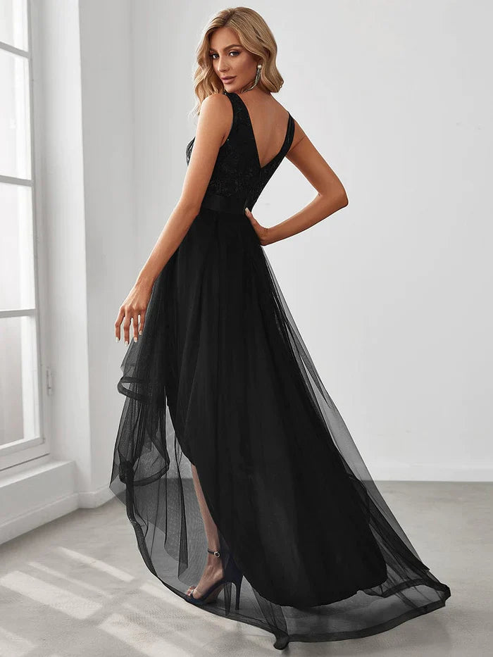 Aimishang Elegant High-Low Deep V Neck Tulle Evening Dresses with Sequins