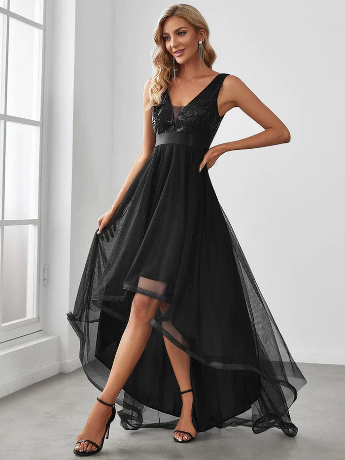 Aimishang Elegant High-Low Deep V Neck Tulle Evening Dresses with Sequins
