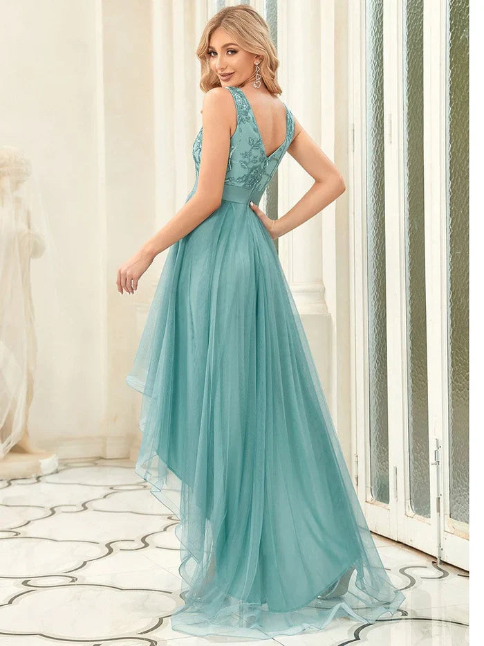 Aimishang Elegant High-Low Deep V Neck Tulle Evening Dresses with Sequins