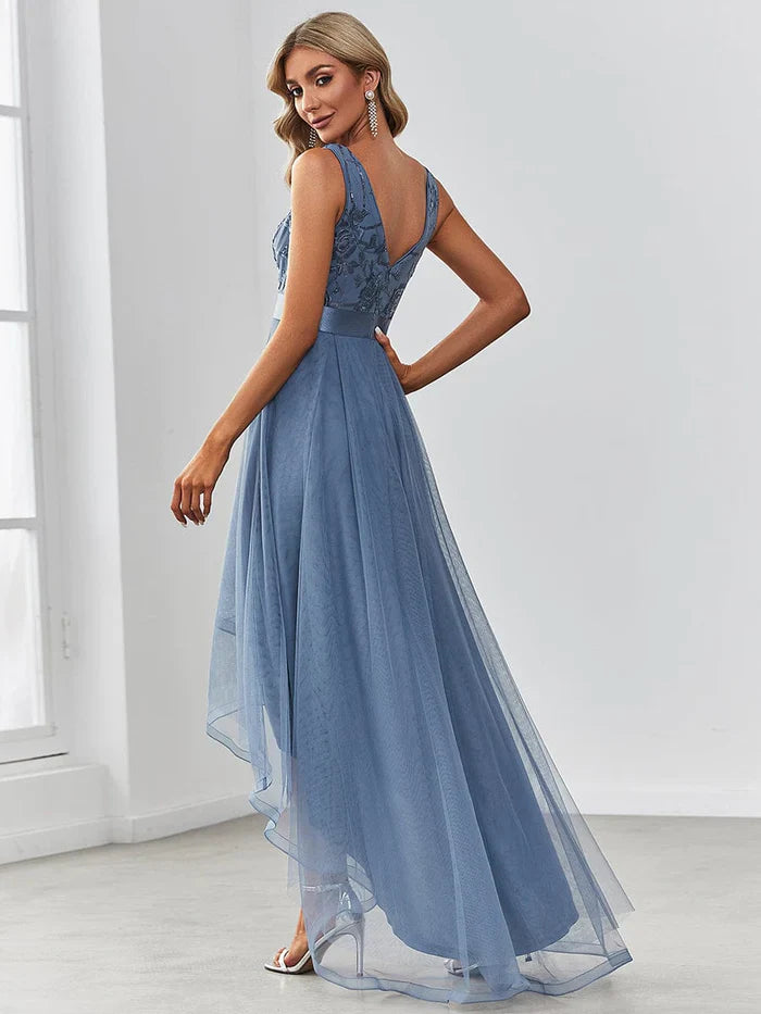 Aimishang Elegant High-Low Deep V Neck Tulle Evening Dresses with Sequins