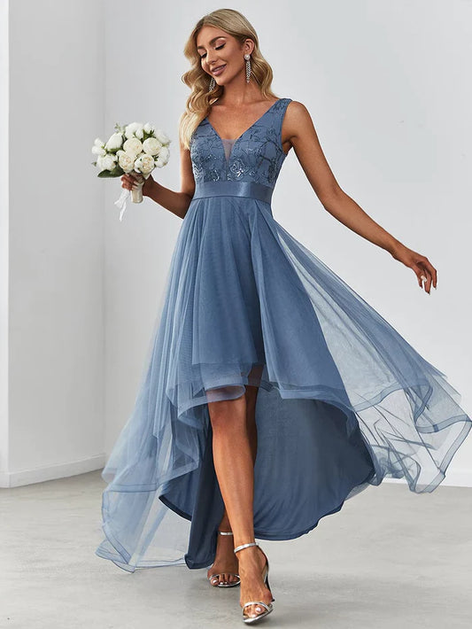 Aimishang Elegant High-Low Deep V Neck Tulle Evening Dresses with Sequins