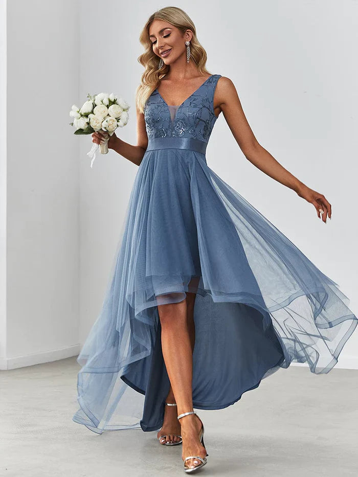 Aimishang Elegant High-Low Deep V Neck Tulle Evening Dresses with Sequins