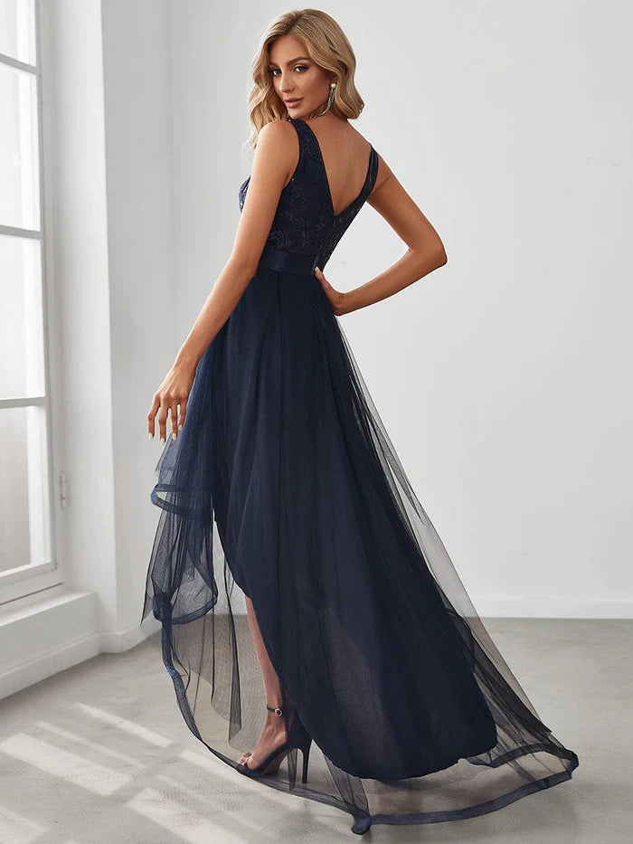 Aimishang Elegant High-Low Deep V Neck Tulle Evening Dresses with Sequins