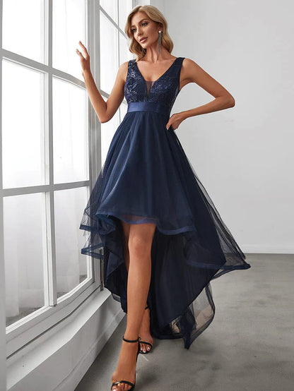 Aimishang Elegant High-Low Deep V Neck Tulle Evening Dresses with Sequins