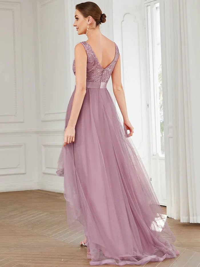 Aimishang Elegant High-Low Deep V Neck Tulle Evening Dresses with Sequins