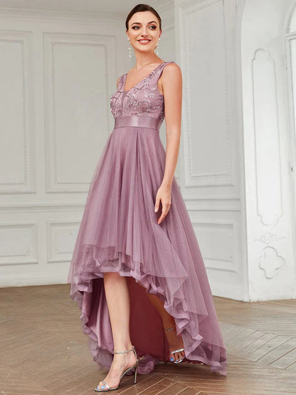 Aimishang Elegant High-Low Deep V Neck Tulle Evening Dresses with Sequins
