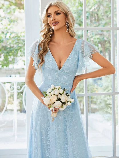 Aimishang Double V Neck Maxi Lace Evening Dresses with Ruffle Sleeves
