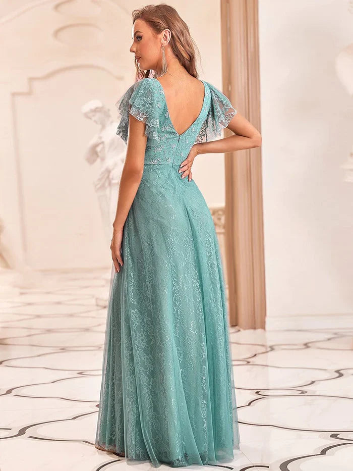 Aimishang Double V Neck Maxi Lace Evening Dresses with Ruffle Sleeves