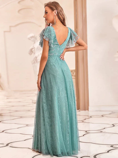 Aimishang Double V Neck Maxi Lace Evening Dresses with Ruffle Sleeves