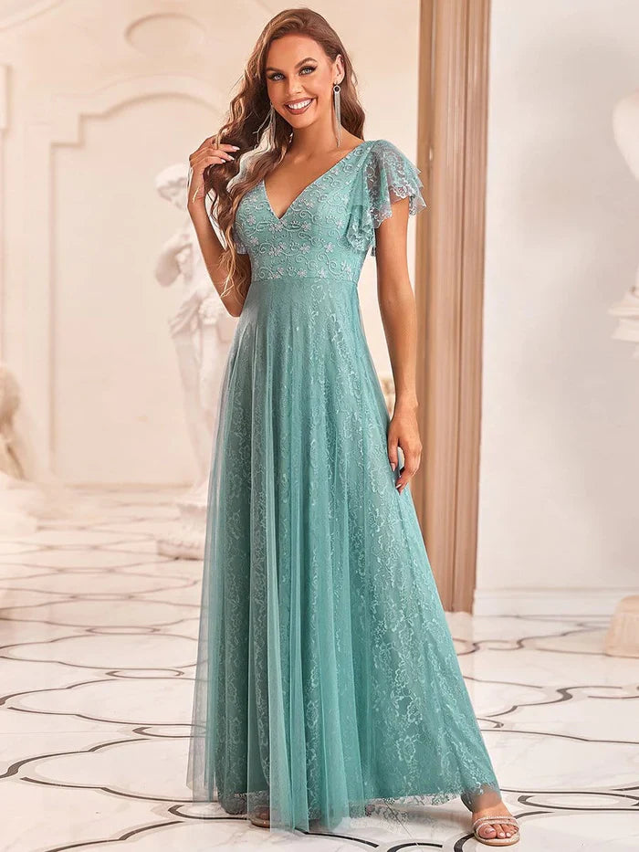 Aimishang Double V Neck Maxi Lace Evening Dresses with Ruffle Sleeves