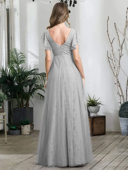 Aimishang Double V Neck Maxi Lace Evening Dresses with Ruffle Sleeves