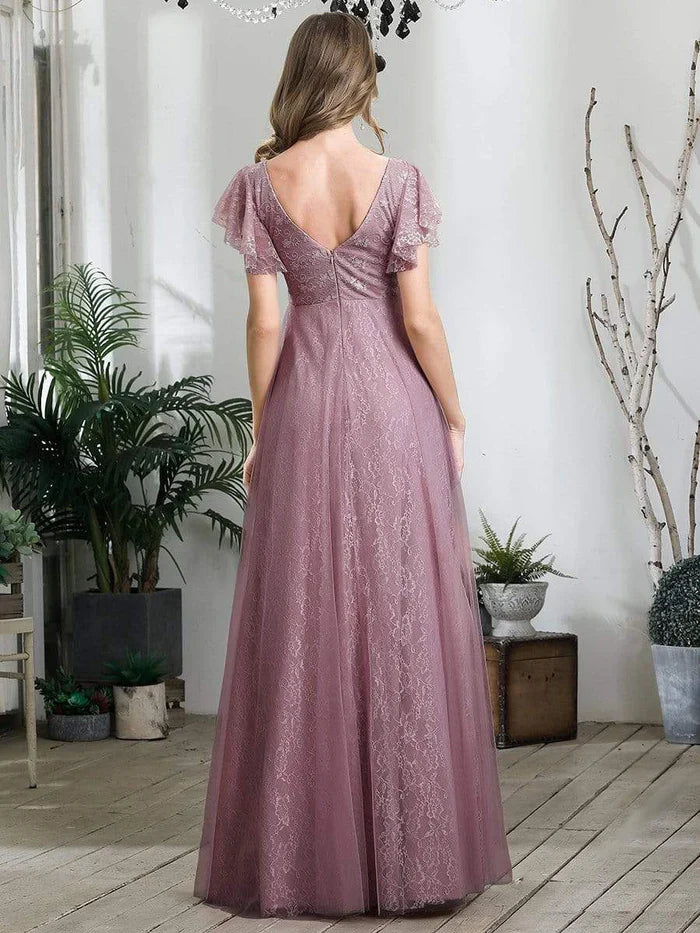 Aimishang Double V Neck Maxi Lace Evening Dresses with Ruffle Sleeves