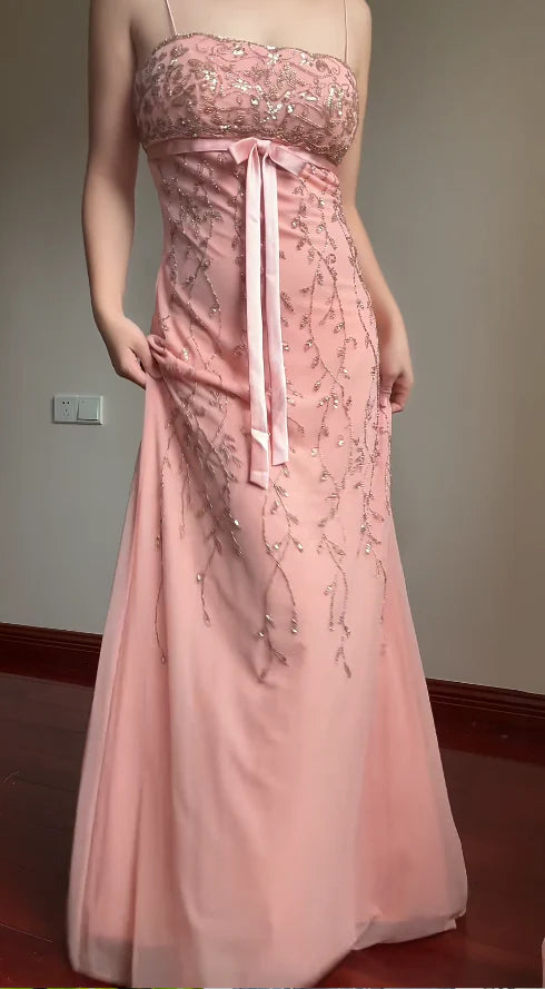 Sweet Element Style Spaghetti Strap Strapless Gown | Pink-Purple Tulle Beaded Maxi Dress for Engagement Luxury Party Bachelorette Gathering gh6433
