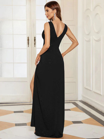 Aimishang Floor Length V Neck Shimmery Evening Dresses with Side Split