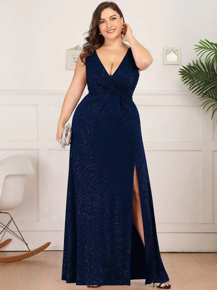 Aimishang Floor Length V Neck Shimmery Evening Dresses with Side Split