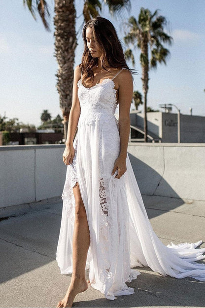 Alluring A-line/Princess Sleeveless Boho Lace Sweep Train Wedding Dresses