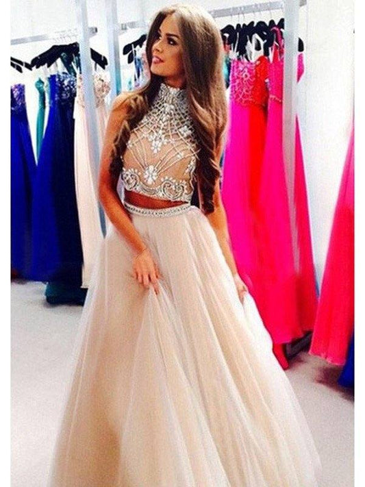 A-Line/Princess High Neck Sleeveless Beading Tulle Floor-Length Dresses - RongMoon