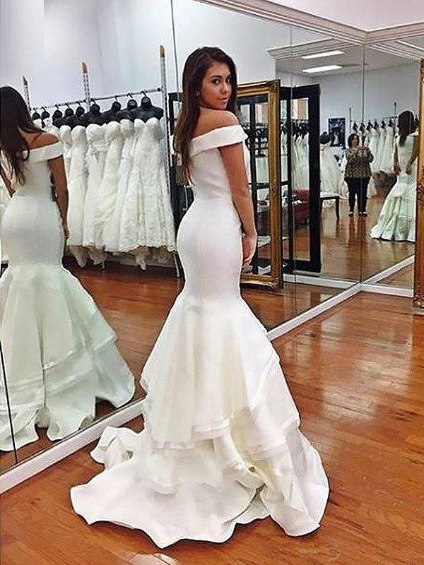 Trumpet/Mermaid Sleeveless Off-the-Shoulder Satin Layers Sweep/Brush Train Dresses - RongMoon