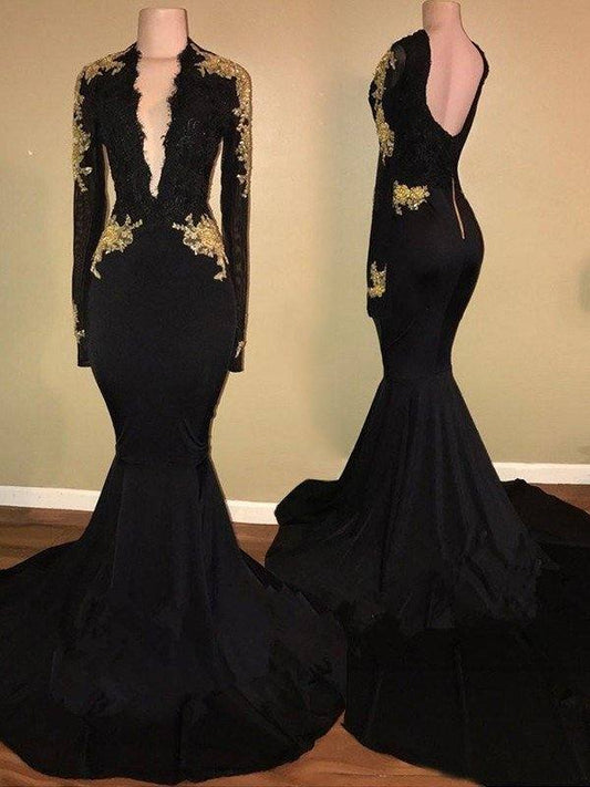 Trumpet/Mermaid Long Sleeves V-neck Sweep/Brush Train Applique Spandex Dresses - RongMoon