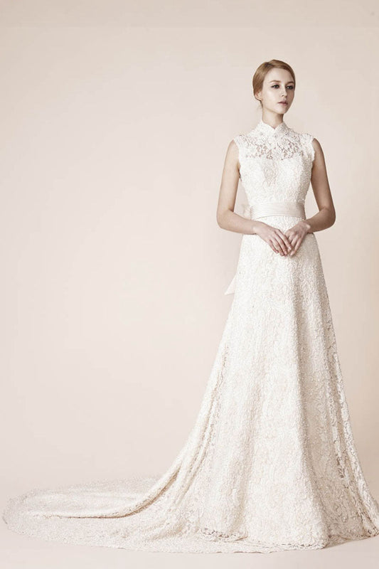 High Neck Sleeveless Lace Wedding Dresses