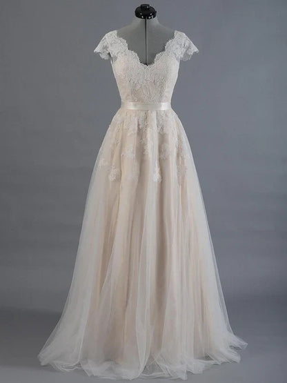 Aimishang Cap Sleeve V-Neck Lace Tulle Wedding Dress With Zipper Back