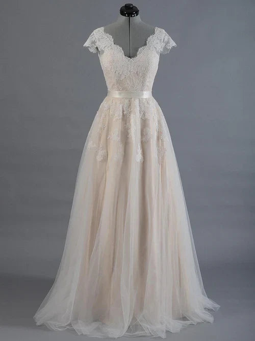 Aimishang Cap Sleeve V-Neck Lace Tulle Wedding Dress With Zipper Back