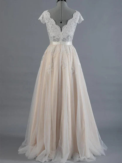 Aimishang Cap Sleeve V-Neck Lace Tulle Wedding Dress With Zipper Back