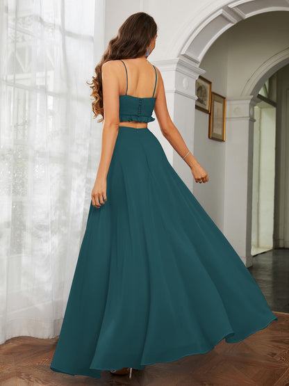 Spaghetti Strap Ruffled Chiffon Cutout Maxi Sexy Dress Peacock