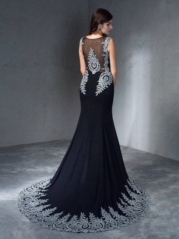 Trumpet/Mermaid Scoop Applique Sleeveless Long Chiffon Dresses - RongMoon