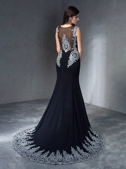 Trumpet/Mermaid Scoop Applique Sleeveless Long Chiffon Dresses - RongMoon
