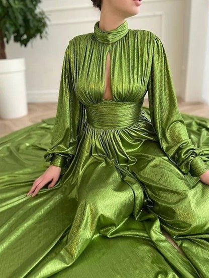 A-Line Empire Elegant Party Wear Formal Evening Dress High Neck Long Sleeve Court Train Taffeta with Pleats Split - RongMoon