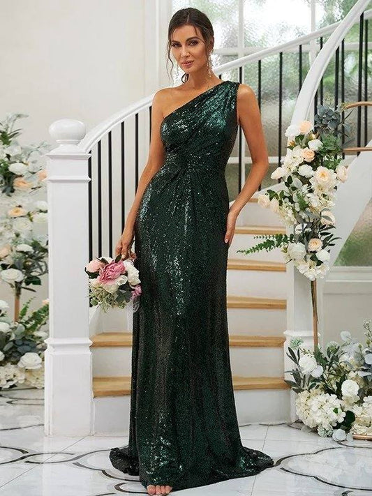 Sheath/Column Sequins Ruched One-Shoulder Sleeveless Sweep/Brush Train Bridesmaid Dresses - RongMoon
