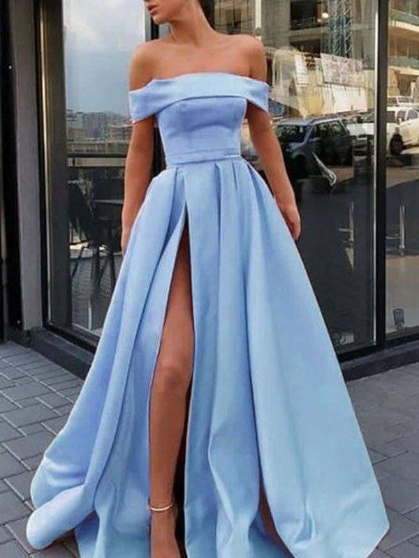 A-Line/Princess Sleeveless Off-the-Shoulder Sweep/Brush Train Ruffles Satin Dresses - RongMoon
