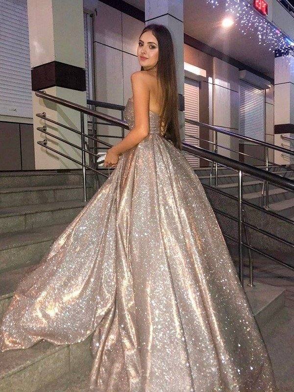 Ball Gown Ruffles Sleeveless Sequins Sweep/Brush Train Sweetheart Dresses - RongMoon