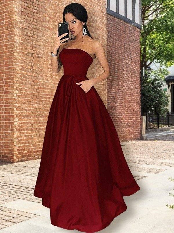 A-Line/Princess Strapless Sleeveless Floor-Length Ruffles Satin Dresses - RongMoon