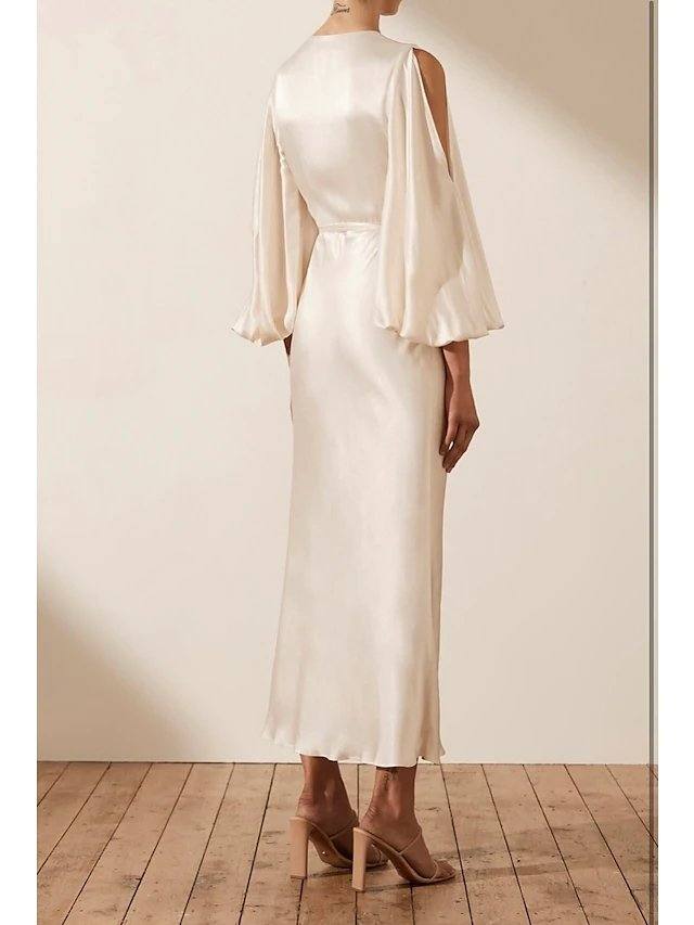 Sheath / Column Mother of the Bride Dress Simple Elegant V Neck Ankle Length Charmeuse 3/4 Length Sleeve with Bow(s) - RongMoon