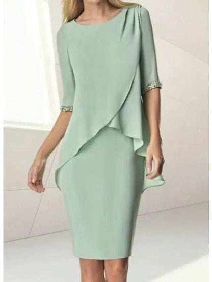 Sheath / Column Mother of the Bride Dress Elegant Jewel Neck Knee Length Chiffon Half Sleeve with Beading Ruching - RongMoon