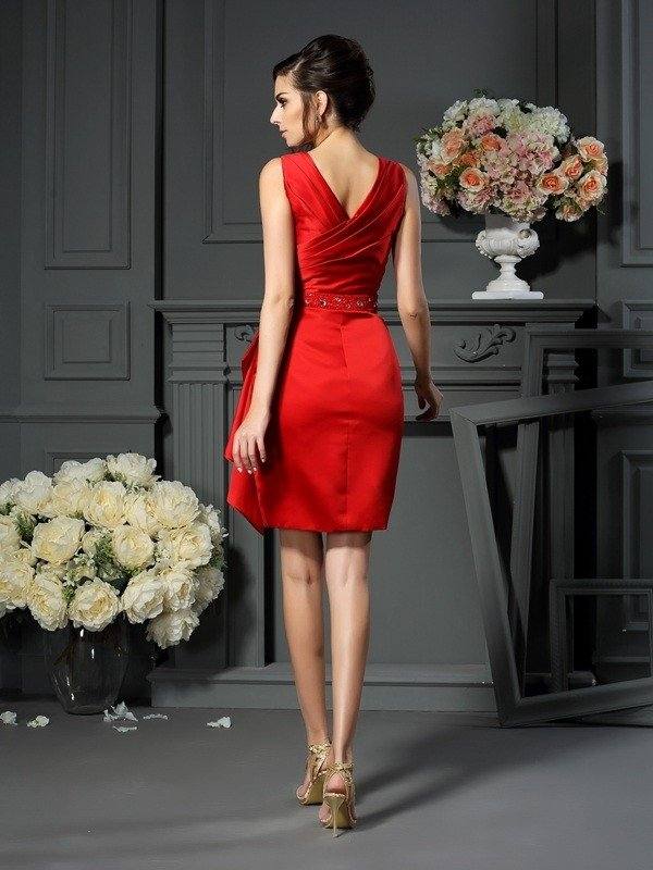Sheath/Column V-neck Ruched Sleeveless Short Satin Mother of the Bride Dresses - RongMoon